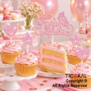 CAKE TOPPER FELIZ CUMPLEA�OS CON ESTRELLAS Y CORAZONES GIBRE ROSA